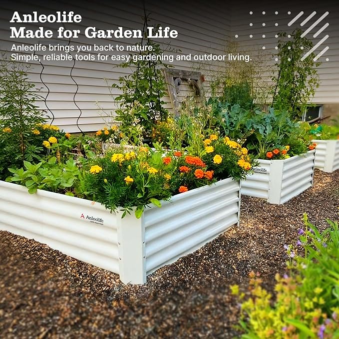 A ANLEOLIFE 6X3X1.5 ft Galvanized Raised Garden Beds Outdoor, Rectangular Metal Planter Box for Planting Vegetables Flowers Herb, Anti-Rust & Easy-Setup, Antique White AAnleolife