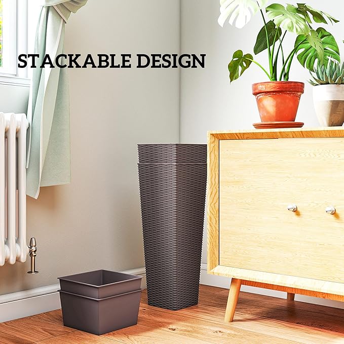 Outsunny 23.6 Inch Tall Planters for Outdoor Plants, Set of 2 Plastic Rattan-Like Flower Pots with Drainage Holes, Stackable Tapered Planters for Indoor Plants, Front Porch, Brown Outsunny