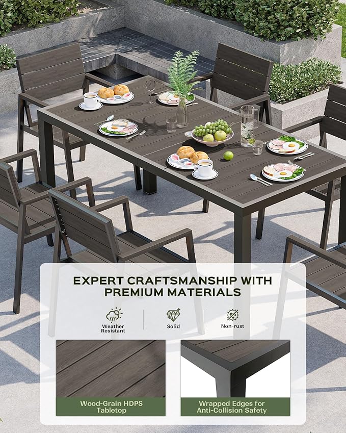 67" HDPS Outdoor Patio Dining Table, Aluminum-Edged Outdoor Dining Table with Umbrella Hole, Weather-Resistant for Lawn, Garden, Poolside and Indoor Use, Charcoal Vexwalx