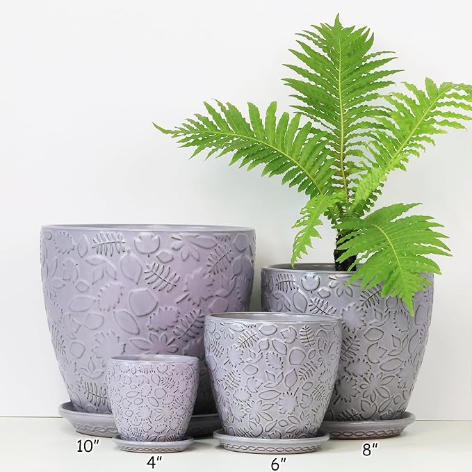 8 Inch + 6 Inch Retro Ceramic Planter Set of 2 with Drainage Hole and Saucer for Multiple Plants, Indoor-Outdoor Garden Pots for Succulent, Orchid, and Flower (Retro Purple) Bestseler