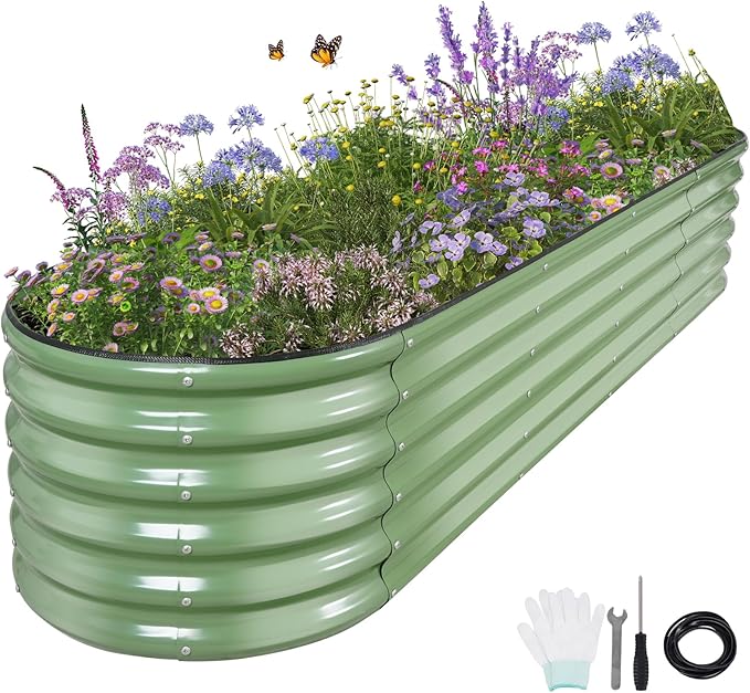 Galvanized Raised Garden Bed - 8x2x1.4FT Metal Planter Boxes Outdoor | Oval Steel Raised Bed Kit for Gardening with Protective Tape, Bracing Rods, Gloves for Vegetables, Flower, Herb (Green) Permade