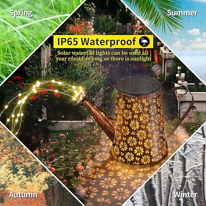 Outdoor Solar Watering Can with Lights Garden Decor Large Solar Powered Lanterns Hanging Waterproof LED Decorative Retro Metal Kettle String Lights for Table Yard Pathway Walkway Gardening Gifts Sugarneon