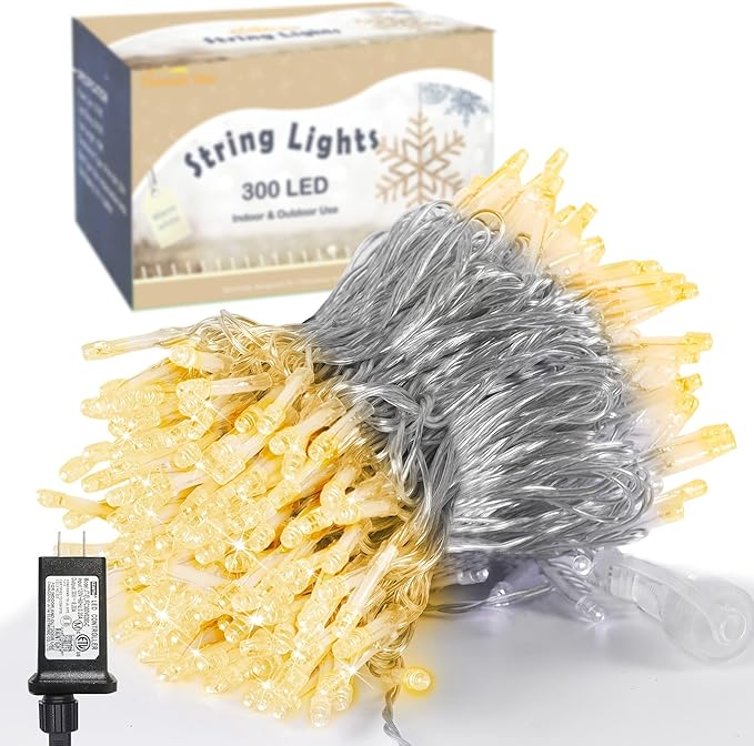 LJLNION 300 LED String Lights Outdoor Indoor, Extra Long 98.5FT Christmas Lights, 8 Lighting Modes, Plug in Waterproof Fairy Lights for Wedding Party Bedroom Decorations (Warm White) LJLNION