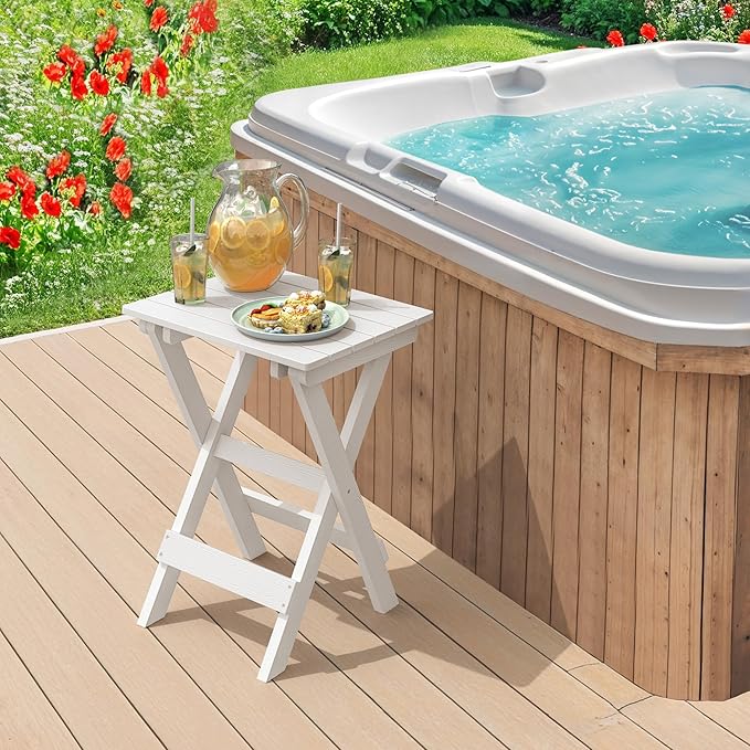 LUE BONA 27 inch Folding Side Table, HDPS Outside End Table for Patio, Porch, Deck, Pool, Weather Resistant, White LUEBONA