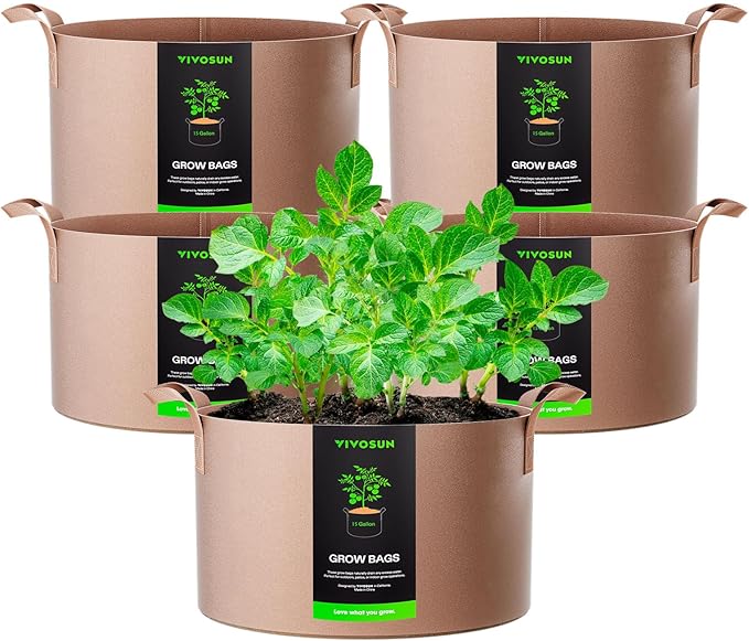 VIVOSUN 5-Pack 15 Gallons Grow Bags Heavy Duty Thickened Nonwoven Fabric Pots with Strap Handles Tan VIVOSUN