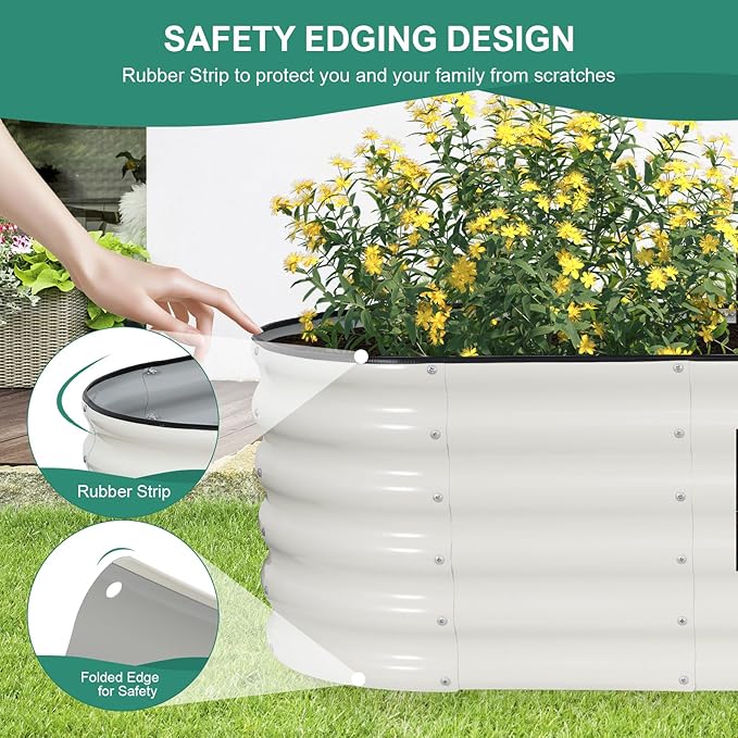 Galvanized Raised Garden Bed - 6×2×1.4ft Planter Raised Beds for Gardening | Oval Metal Garden Planter Box with Safety Edging and Gloves for Vegetables Fruits and Flower White BIRDSINYARD