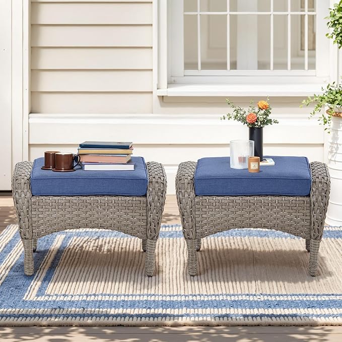Belord Outdoor Ottomans for Patio Foot Rest - 25 Inch PE Wicker Foot Stool Set of 2 with Removable Cushions for Patio Furniture Sets,All Weather Rattan Ottoman for Balcony Deck Backyard Brown Belord