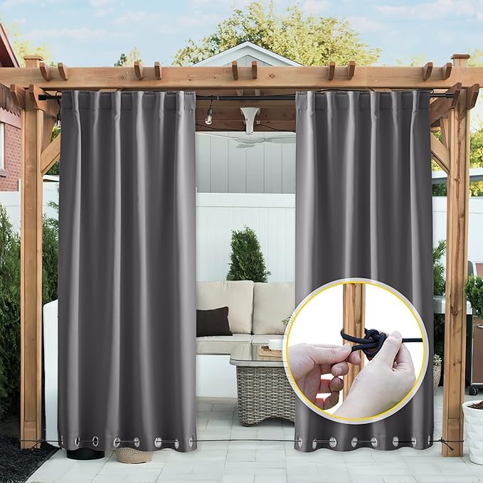 NICETOWN 2 Panels Weighted Blackout Curtains for Patio Waterproof, Grommet & Back Tab on Top & Bottom Windproof Blackout Outdoor Curtains for Porch with Bouns Rope for Fixed, Grey, W52 x L84 NICETOWN