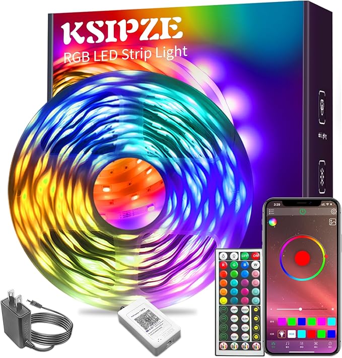 KSIPZE Led Lights for Bedroom 65.6ft Led Strip Lights with Remote RGB Color Changing Music Sync Bluetooth Smart App Control for Room Bedroom Lighting Flexible Home Décor KSIPZE