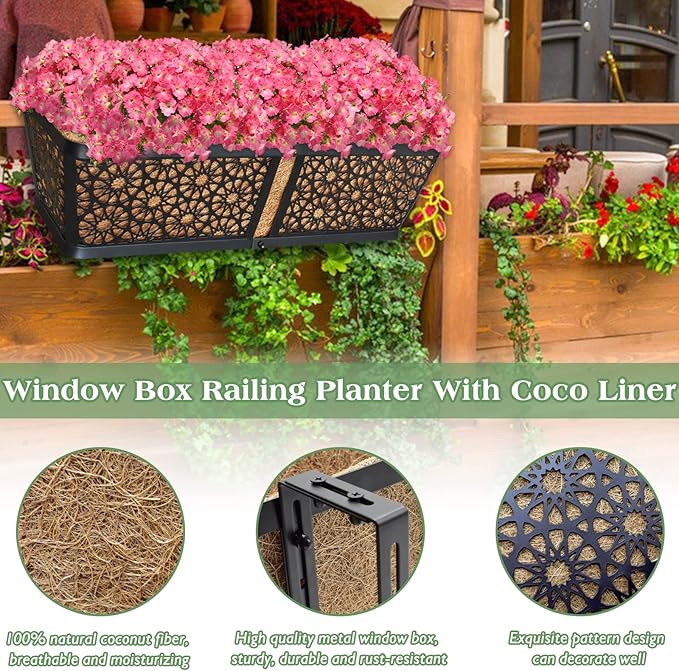 ZeeDix 3 Pack Metal Window Box for Railings, 24 Inch Over Railing Planter Boxes with Coco Liners, Hanging Flower Box Planters for Outdoor Fence Deck Porch Balcony & Patio ZeeDix