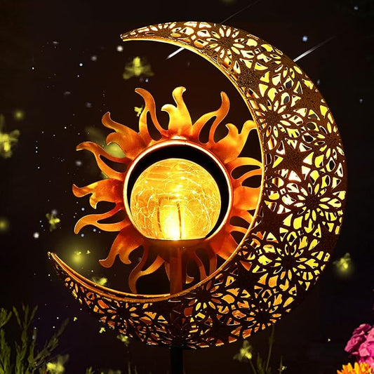 LICKLIP Garden Solar Lights Outdoor Decorative, Sun & Moon Crackle Glass Globe Metal Stake Light, Waterproof Warm White LED Light, Decorations for Pathway Lawn Patio Courtyard Backyard (1 Pack) LICKLIP