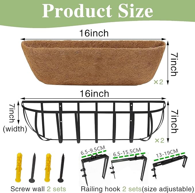 English Inviting Horse Trough Balcony Planter With Coconut LinerMetal Wall-Mounted Planter Box Deck Window Box 16 Inch (2 Pack) EIMQUVW