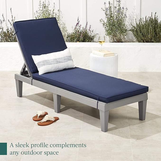 Best Choice Products Outdoor Lounge Chair, Resin Patio Chaise Lounger for Poolside, Backyard, Porch w/Seat Cushion, Adjustable Backrest, 5 Positions, 330lb Capacity - Gray/Navy BestChoiceProducts