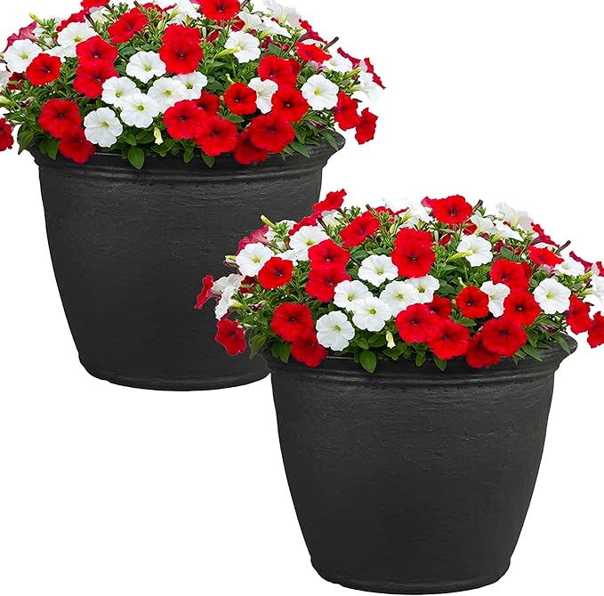 Sunnydaze 24-Inch Anjelica Large Plastic Pot for Plants - Outdoor Double-Walled Large Plastic Planter with Drillable Drainage Holes - Matte Black - 2pk SunnydazeDecor