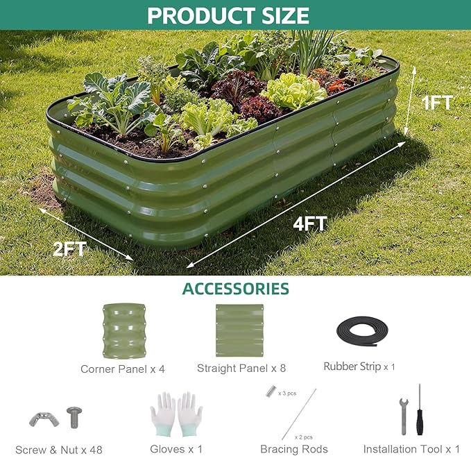 3 in 1 Galvanized Raised Garden Bed - 4x2x1ft Modular Garden Planter Bed Outdoor | Steel Raised Bed Kit with Bracing Rods, Gloves for Gardening Vegetables Fruits and Flowers (Green) BIRDSINYARD