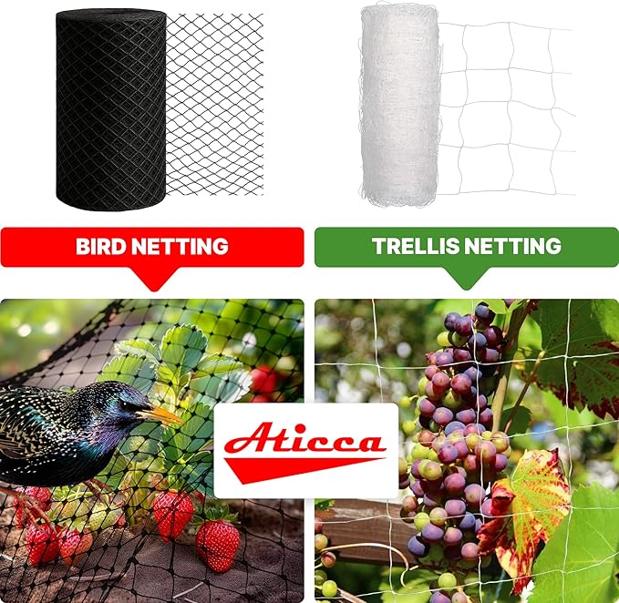 Heavy Duty Bird Netting for Garden Protection & Fruit Trees, 25x25 Ft with 10 Stakes – Black Anti-Bird Net for Poultry, Deer, & Squirrel Protection, Durable Nylon Mesh for Garden and Yard Use Aticca