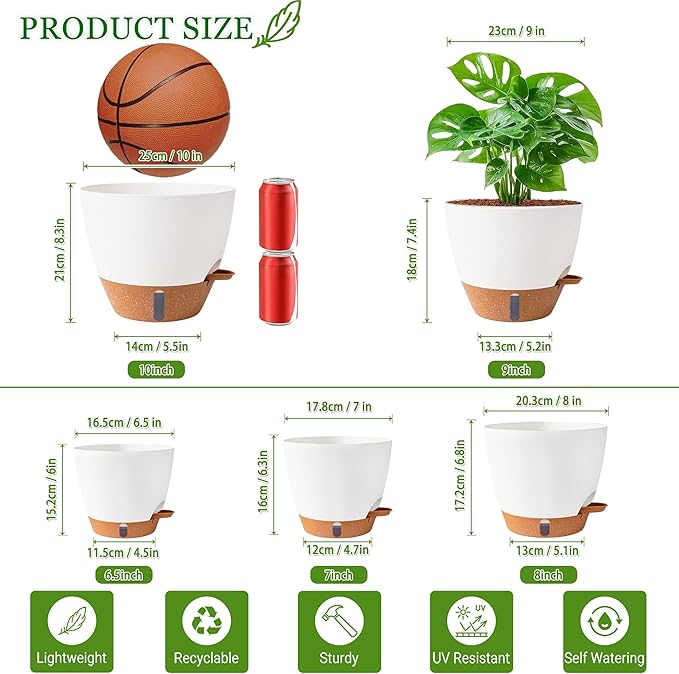 Self Watering Pots for Inoor Ourdoor Plants 10/9/8/7/6.5 Inch Plastic Planters with Drainage Holes & Water Level Indicator, Decorative House Flower Nursery Planting Pots with Saucers ((White) Fielda