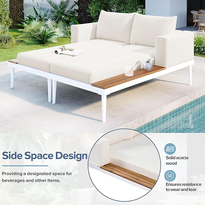 Outdoor Patio Metal Daybed with Wood Topped Side for Drinks, 2 in 1 Padded Chaise Lounge Chair with Cushions & Pillows, Outdoor Double Sun Lounger for Lawn Garden Poolside, Beige RuiSiSi