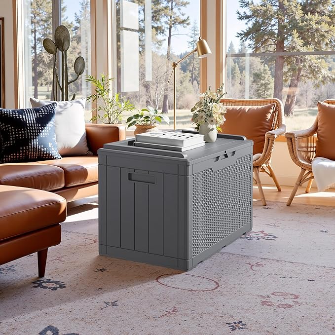 JUMMICO 100 Gallon Resin Deck Box with Cushion, Waterproof Outdoor Storage Box with Lockable Lid for Garden Tools, Patio Cushions (Gray) JUMMICO