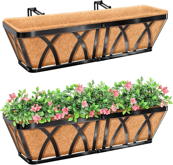 Riare 2 Pack 24 Inch Metal Railing Planter Window Box with Coco Liner- Adjustable Window Flower Boxes for Railings, Hanging Rail Planters for Deck, Balcony, Porch, Fence, Indoor Outdoor Plants Riare
