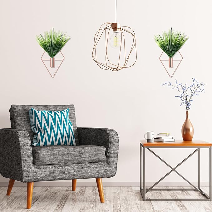 2 Pieces Wall Decor Hanging Planters with Artificial Plants Metal Hanging Vase Indoor Plants Holder Modern Boho Wall Art for Bathroom Bedroom Living Room Decor(Rose Gold,Aquatic Plant) Canlierr