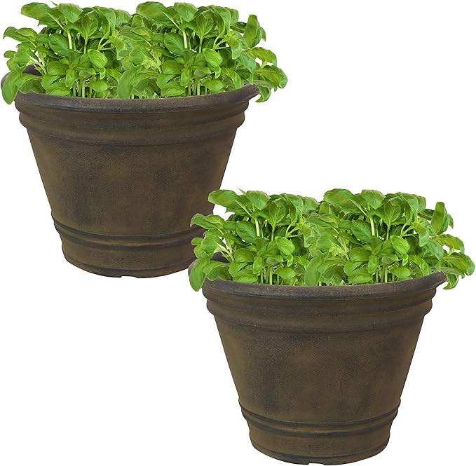 Sunnydaze 20-Inch Franklin Large Plant Pot - Polyresin Round Outdoor Planter with Drillable Drainage Hole - 2 Pack - Sable SunnydazeDecor
