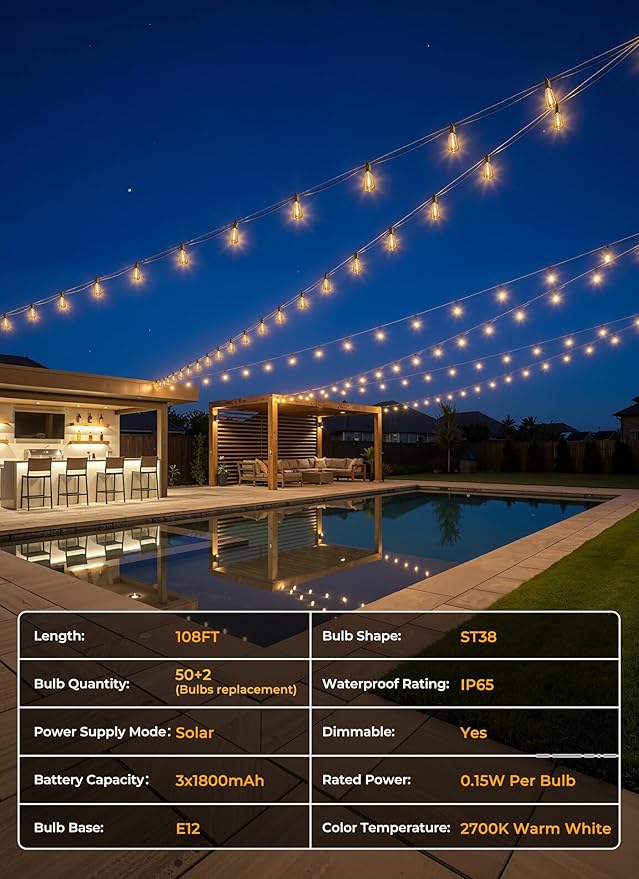 Brightown 108FT 50 LED Solar String Lights Outdoor Waterproof, Patio Lights with Remote, Dimmable & Timable, 3 Light Modes, Solar Lights Outdoor for Yard Camping Party Outside Brightown