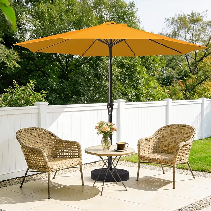 MEWAY 9ft Patio Umbrella Outdoor Table Umbrellas with Push Button Tilt and Crank, Market Umbrella 8 Sturdy Ribs for Deck, Garden, Pool and Backyard, Sun Orange MEWAY