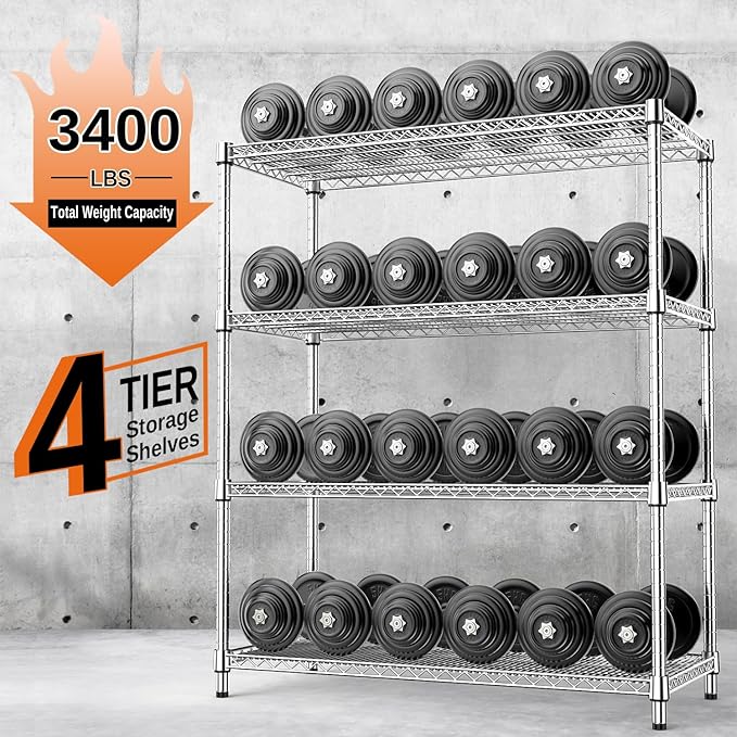 IZEUK 3400 LBS Garage Shelving Wide Storage Shelves 4 Tier Metal Shelves Heavy Duty Adjustable Utility Shelf Rack Chrome 17.7" D x 47.2" W x 70.4" H IZEUK