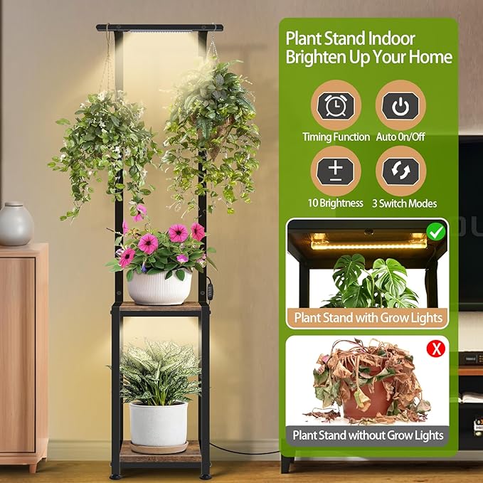 Plant Stand Indoor with Grow Lights, Hanging Plant Stand Plant Shelf Indoor, 65'' Tall Plant Stands Plant Holders for Indoor Plants, Living Room, Bedroom, Balcony Rootora