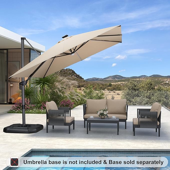 PURPLE LEAF 10 Feet Patio Umbrella Outdoor Cantilever Solar Powered LED Square Umbrella Aluminum Offset Umbrella with 360-degree Rotation for Garden Deck Pool Patio, Beige PURPLELEAF