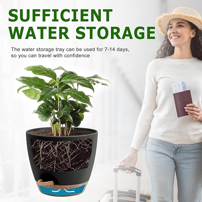 Plant Pots 10/9/8/7.5/7 Inch Self Watering Pots, Set of 5 Plastic Planters with Drainage Holes and Saucers,Plastic Flower Pots,Nursery Planting Pot for Indoor Out Door Plants(Black Brown) QRRICA