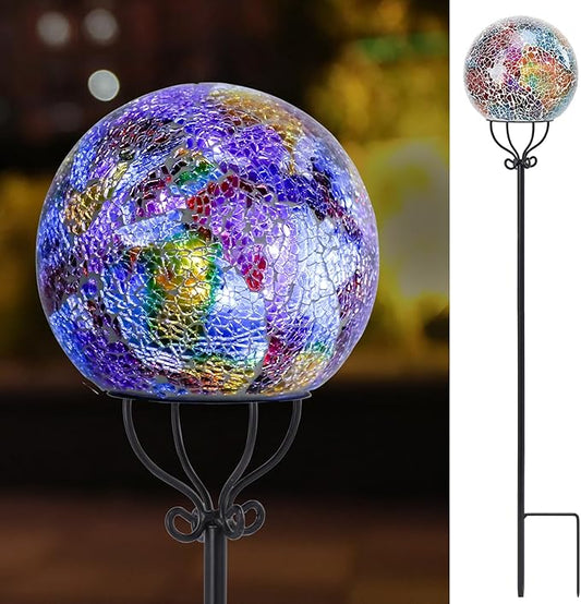 VCUTEKA Solar Outdoor Lights Garden Decor Mosaic Solar Garden Lights Waterproof Glass Ball LED Pathway Stake Light for Landscape Lawn Patio Yard Decoration 6 inch, Purple VCUTEKA