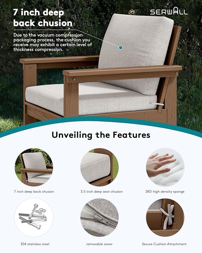 SERWALL HDPE Patio Sofa Set, 3-piece Sectional Outdoor Furniture Set, All Weather Outdoor Couch Set Patio Furniture Set for Deck, Lawn, Brown Frame with Khaki Cushion SERWALL