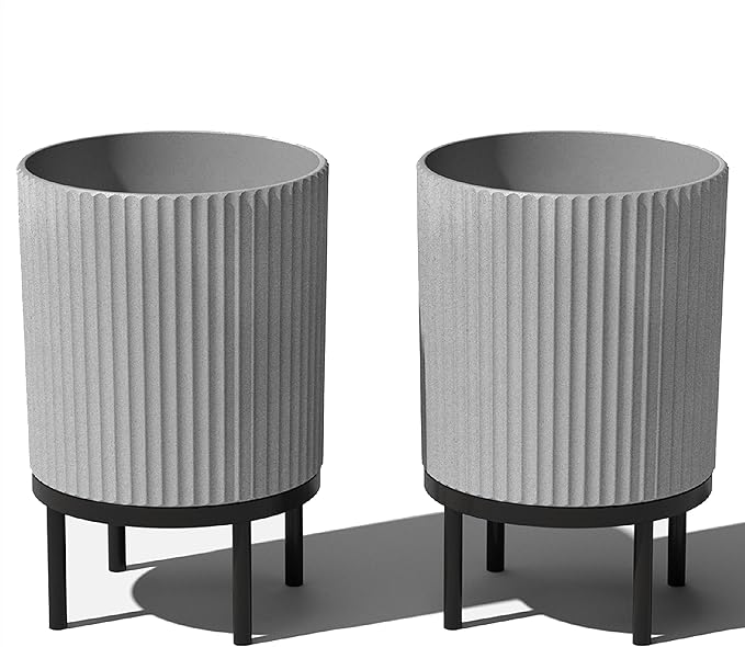 Veradek Demi Series Round Planter w/Stand for Porch/Patio | Durable Plastic-Stone Composite & Wooden Stand | Modern Décor for Tall Plants, Flowers VeradekOutdoor