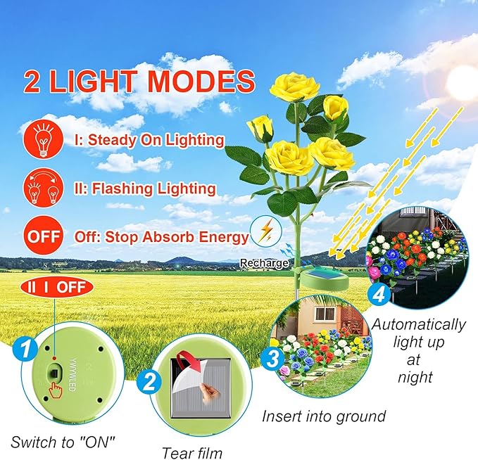 Solar Flower Lights Outdoor - Upgraded New Material Two Modes Realistic LED Solar Powered Waterproof Lights with 5 Roses, Solar Decorative Stake Lights for Garden (Yellow, 1 Pack) LightYourLife