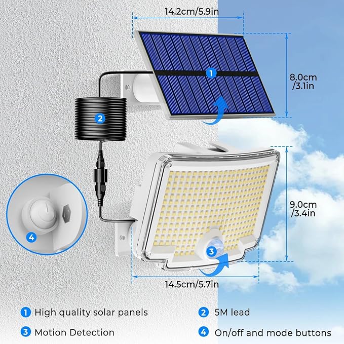 Peasur 1 Pack Solar Motion Lights Outdoor, 318 LED Solar Security Light with 3 Modes, IP65 Waterproof Powered Flood Lights for Outside Patio Garage Yard, (Cool Light,White Frame) Peasur
