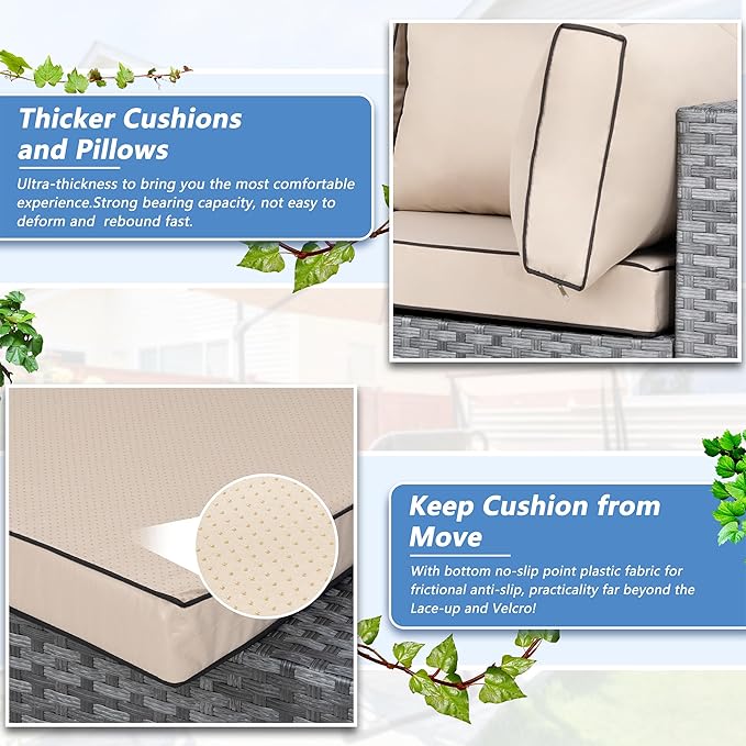 Shintenchi 5 Pieces Outdoor Patio Furniture Sets, Patio Sectional Sofa Couch, Gray PE Wicker Furniture Modular Patio Conversation Sets Patio Sofa with Washable Cushions & Table（Khaki） Shintenchi