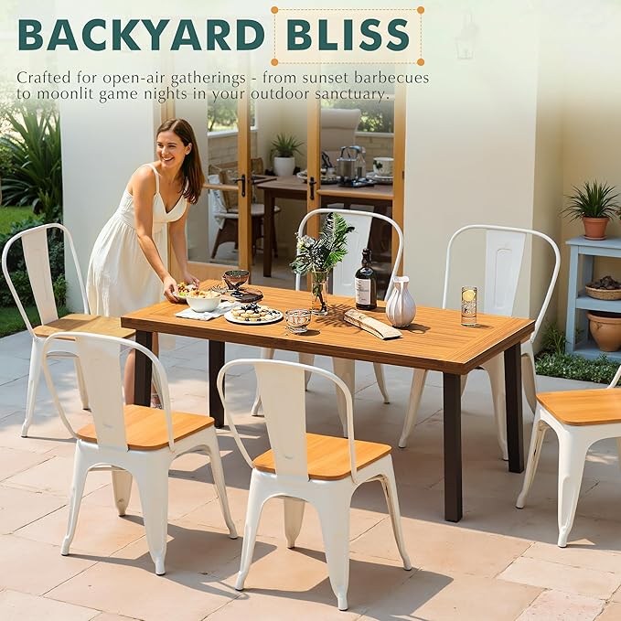Flamaker Dining Table for 6 Acacia Wood Indoor Outdoor Home Kitchen Table with Iron Legs Large Rectangular Patio Table for Deck, Sunroom Flamaker