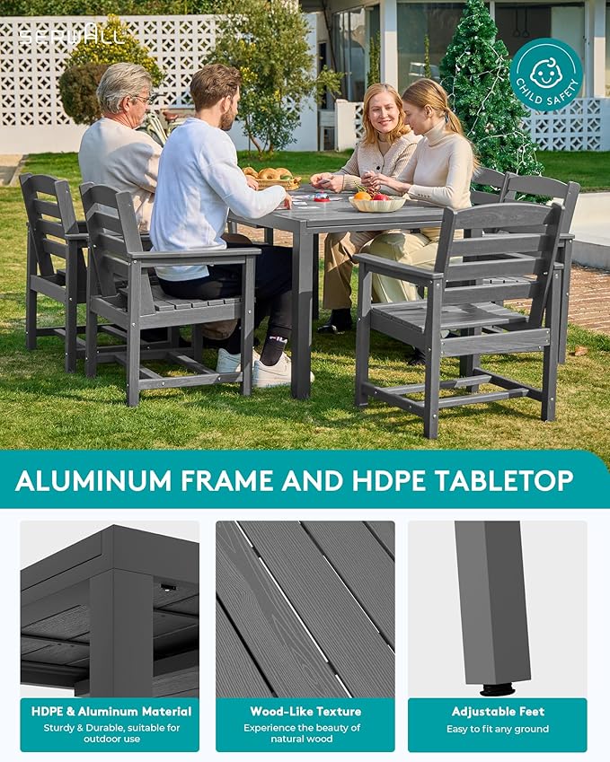 SERWALL 7-Piece Patio Dining Sets, 60" - 83" Expandable Outdoor Dining Table and 6 HDPE Chairs, All Weather HDPE Outdoor Furniture Set for Backyard, Garden, Grey SERWALL