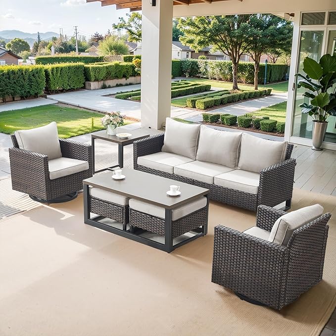 Belord 7 Piece Outdoor Furniture Patio Wicker Sofa Set, Oversize Outdoor Swivel Rocker Chairs with Rattan Ottomans, Conversation Sets Patio Furniture Come with Removable Washable Cushion Beige, Brown Belord