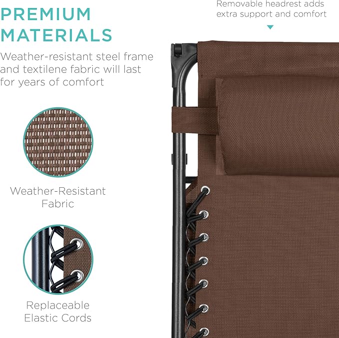Best Choice Products Folding Zero Gravity Outdoor Recliner Patio Lounge Chair w/Adjustable Canopy Shade, Headrest, Side Accessory Tray, Textilene Mesh - Brown BestChoiceProducts