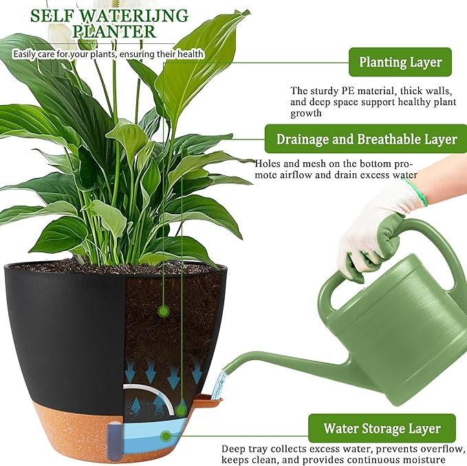 8/10/12 Inch Self Watering Pots for Indoor/Outdoor Plants - Large Plastic Planter with Drainage Holes, Water Level Indicator & Deep Reservoir, Modern Decorative Flower Pots (Black) Fielda