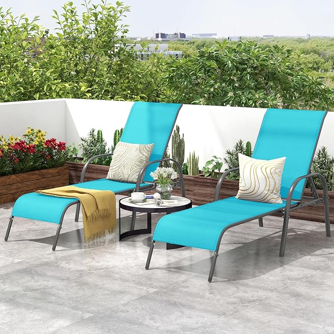 Giantex 2 Pack Patio Lounge Chair, Outdoor Chaise Lounge with 5 Adjustable Backrest, Sturdy Steel Frame, Sunbathing Recliner, Tanning Chair for Beach, Outside, Yard, Balcony, Pool Chairs (2,Turquoise) Giantex