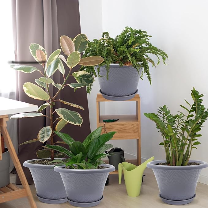 Quarut 12 Inch Large Planter Pot for Plants Indoor Outdoor, 4 Pack Plastic Flower Pots with Drainage Hole & Tray, Modern Decorative Garden Pot with Saucer, Plant Container for House Grey Quarut
