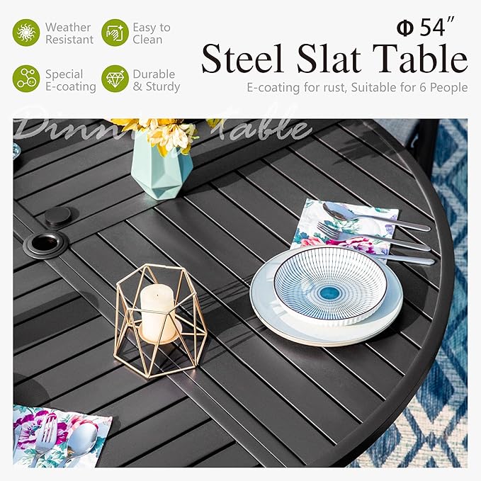 Sophia and William Patio Dining Set for 6, Outdoor Table and Chairs, Removable Seat Cushions, Black 54" Round Patio Dining Table,Blue SophiaWilliam