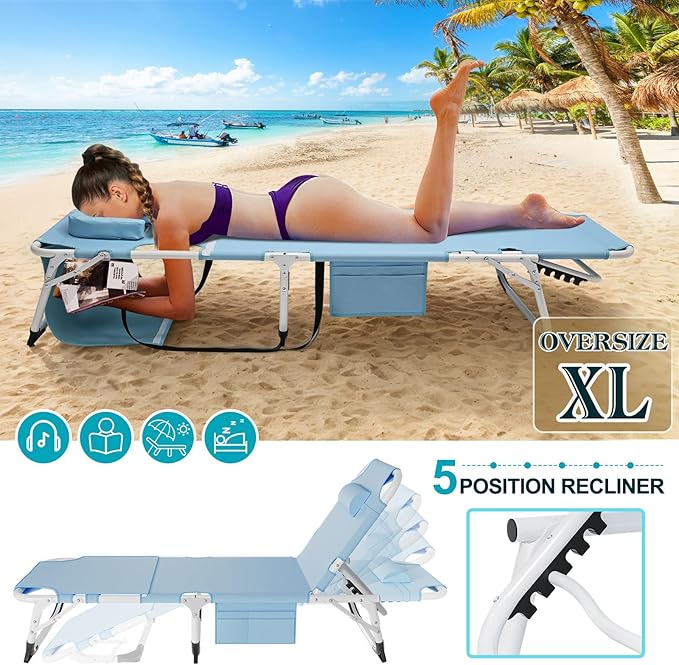 ABORON Heavy Duty Tanning Chair, Outdoor 5-Position Folding Chaise Lounge Chair with Pad, Portable Beach Lounge Chair for Outdoor Sunbathing Patio Pool Lawn Deck Poolside ABORON