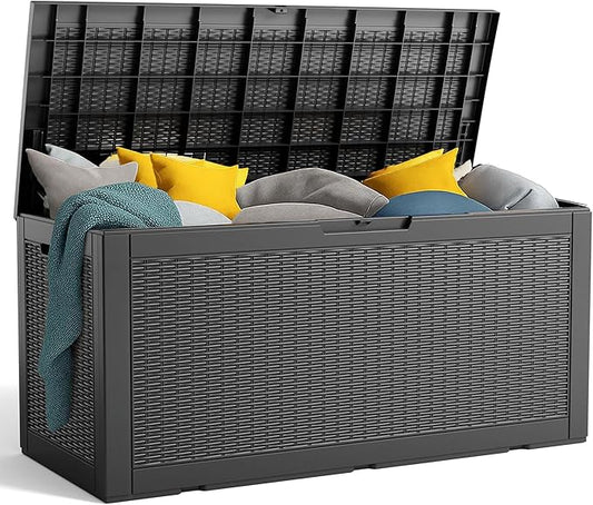 100 Gallon Resin Deck Box, Lockable Patio Outdoor Storage Box for Furniture, Garden Tools and Tools Storage, Waterproof Outside Storage Boxes - Black OutdoorLivingPerfected