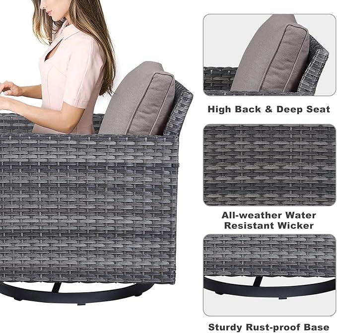 Belord Family Reunion Patio Conversation Set - 6 Piece Outdoor Sectional Furniture Set with Storage Box and Wicker Swivel Glider Chair Set of 2,Removable Gray Cushions for Deck Backyard Sunroom Belord