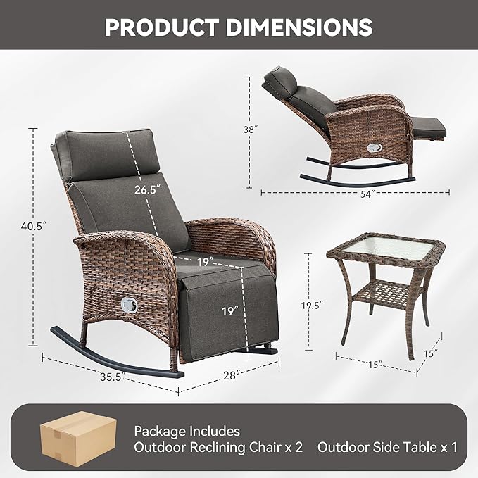 3 Pieces Zero Gravity Wicker Patio Rocking Recliner Chairs Set of 2 - Wicker Outdoor Lounge Chair with Side Table, Adjustable Backrest & Footrest, High Back Outdoor Recliner Chair for Pool Deck Gray JelwalyPatioFurnitureSet